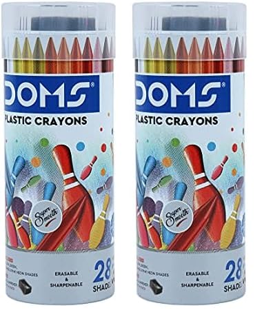 Image of Doms 28 Shades Erasable Plastic Crayons Round Tin Box | Smooth & Even Shading | Bright & Playful Colors | Free Sharpner Inside | Non-Toxic & Safe For Childrens | Pack Of 2, Multicolor