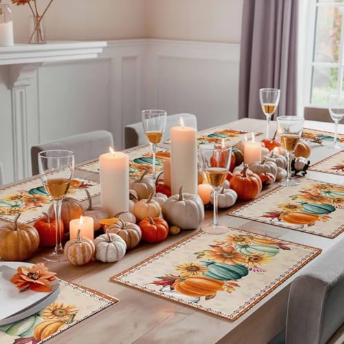 Fall Placemats Set of 6, Pumpkin Sunflower Placemat for Dining Table Decorations, Washable Cotton Linen Autumn Place Mats, Maple Leaves Table Mats for Kitchen Dinner Thanksgiving Holiday Party Decor by LooPoP - Used condition - Image 3