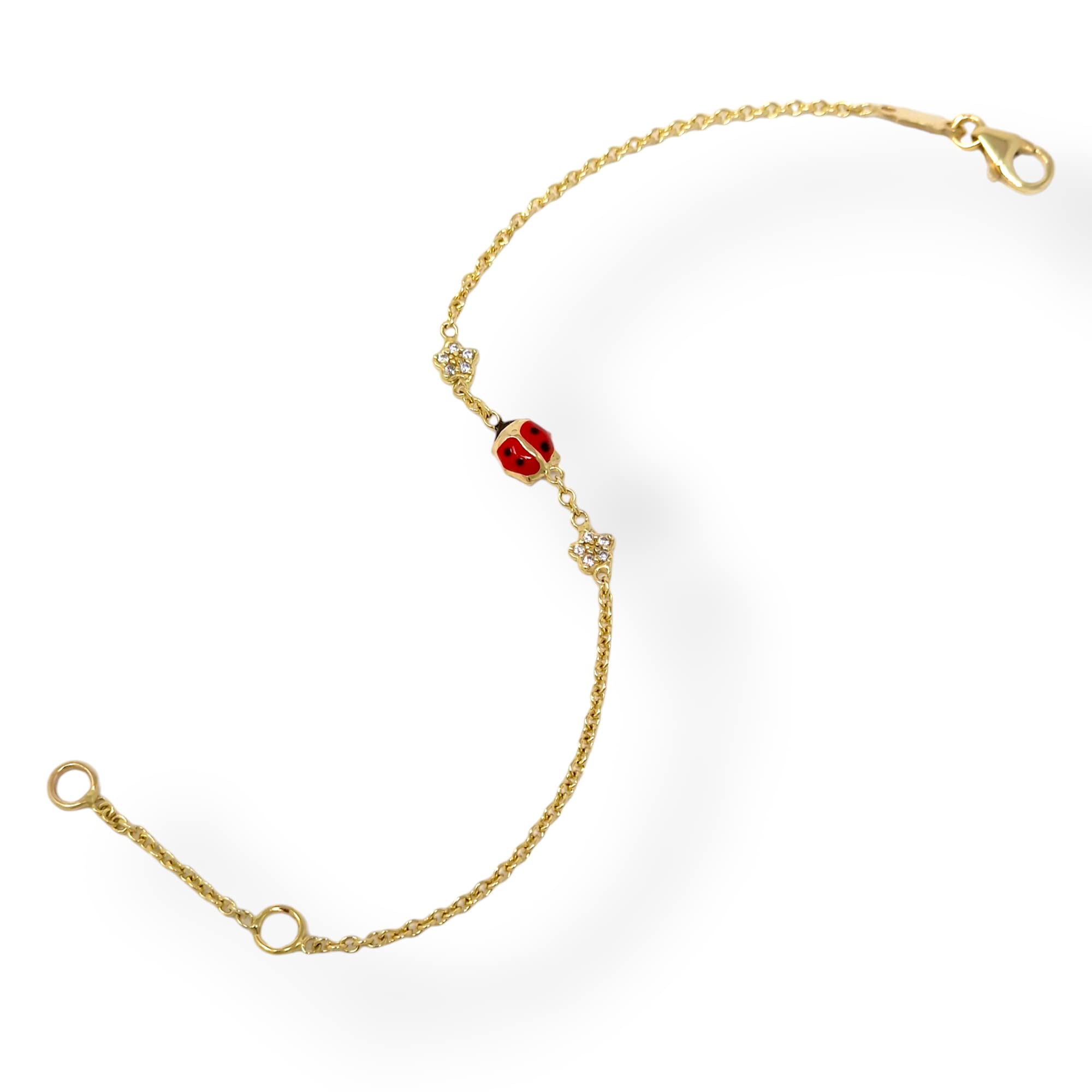 Italian Jewelry and Craftsmanship Bracciale coccinella rossa in oro giallo 18 Kt (750) per neonati o bambini unisex a catena Rolò doppia misura regolabile e fiori