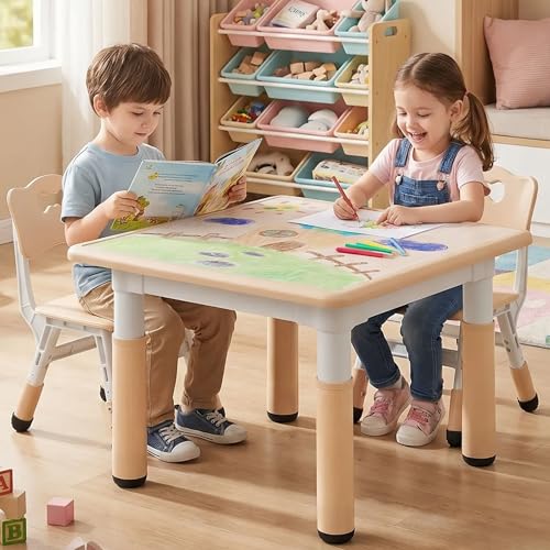 Kindertisch mit 2 Stühlen, Kindersitzgruppe Höhenverstellbar Packung, Tisch Stuhl Set für Kinderzimmer, Plastik Kindermöbel, Maltisch Sitzgruppe für Mädchen ab 3 Jahre（Gelb, Quadratischen Tisch）