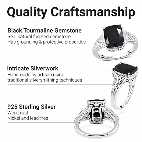 Shop Lc Delivering Joy Black Tourmaline Ring In 925 Sterling Silver - Unique Engagement Rings For Women - Vintage Floral Statement Solitaire Rings Costume Jewelry For Women Birthday Gifts #TOP2