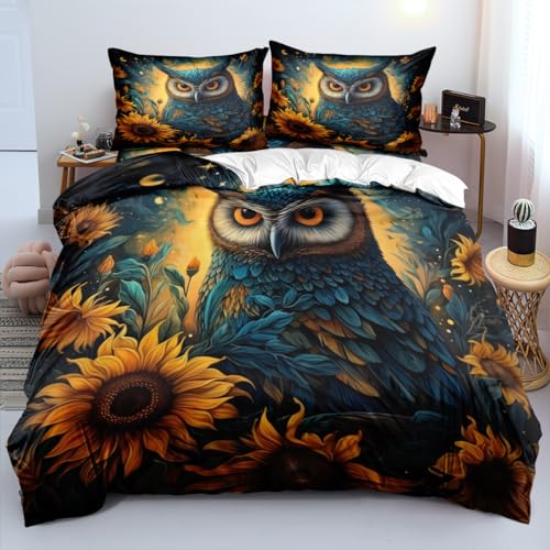 CCoutueChen Vintage Owls Sunflowers Duvet Cover Set Queen Size Amber Birds Floral Bedding Romantic Owls Sunflowers Painting Comforter Cover for Women Kids Teens 3Pcs Soft Bed Set with Zipper Closure