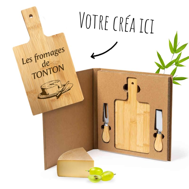 Planche a fromage BAMBOU 26x2.6x25 cm - Plateau fromage personnalisé avec Logo & Texte [ Plateau a fromage avec couteaux ]