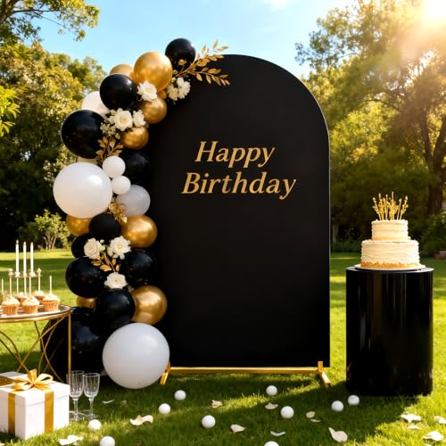 Image of SoarDream Black Arch Backdrop Cover 6.6FT Spandex Fitted Black Photo Arch Covers Round Top Chiara Arches Backdrop Cover Fabric for Birthday Balloon Wedding Party Decoration