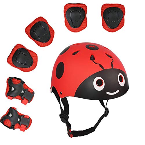 UniqueFit Lucky-M - Juego de 7 Almohadillas Protectoras para Deportes al Aire Libre para niños y niñas (Rodilleras, Coderas y muñequeras) (Rojo Escarabajo)
