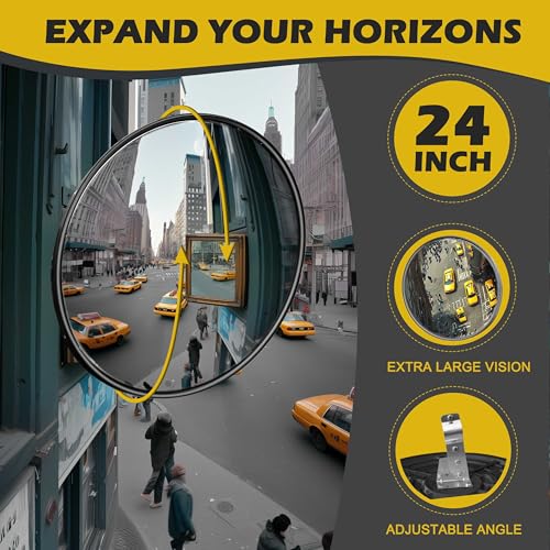 VILNOW 24 Inch Convex Security Mirror, Wall Mounted Wide Angle Safety Mirror for Blind Spot, Adjustable Shatterproof Driveway & Garage Mirror (Black)
