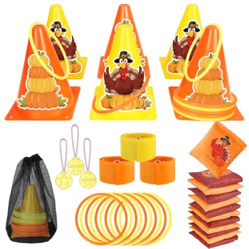 Image of Fennoral 4 in 1Thanksgiving Carnival Game Set for Kids | Turkey Ring Toss & Bean Bag Toss Game with 3-Legged Race Bands,Fall Harvest Indoor Outdoor Backyard Party Family Activities