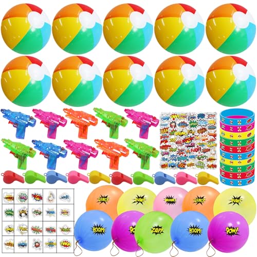 120Pcs Beach Party Favor-Summer Beach Pool Toys Themed Party Supplies Include Beach Balls, Water Squirts,Bracelet,Tattoos, Stickers Fans Party Summer Supplies