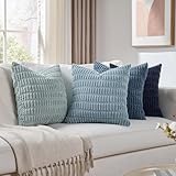 Fancy Homi Set of 4 Blue Decorative Throw Pillow Covers 18x18 Inch for Couch Bed Chair, Modern Farmhouse Boho Room Decor, Soft Fuzzy Corduroy Textured Striped Coastal Blue Cushion Case 45cm