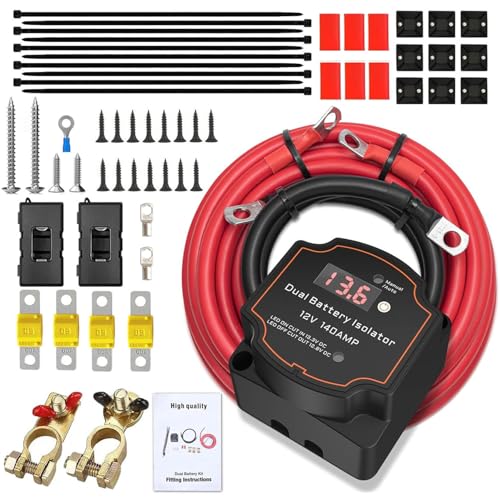 5M 12V 140 Amp Split Charge Relay Kit Voltage Sensitive Relay Kit with LED Screen Display VSR Smart Dual Battery Isolator Battery Automatic Disconnect Switch for Campervan SUV ATV RV Boat Vehicles