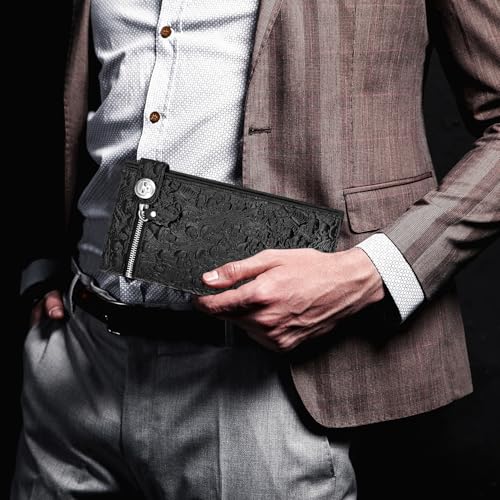 Long Chain Wallet Leather Skull Gothic Punk Bifold Halloween Goth Accessories,Unisex - Midnight Black4