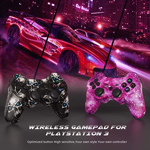 Kujian 2 Pack Wireless Controller For Ps3, Wireless Remote 6-Axis Dual Motors Gaming Controller For Playstation 3 With Charging Cord (Skull & Galaxy) #TOP2