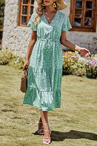 PRETTYGARDEN Summer Floral Dress for Women 2025 Casual Boho Short Sleeve Maxi Dresses V Neck Tiered Flowy Beach Sundress