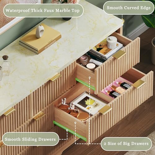 Image of Fluted Dresser for Bedroom with 7 Drawers, 53 inch Wide Mid Century Modern Dressers with Faux Marble Top & Metal Handle, Wooden Chest of Drawers TV Stand, Natural Wood Closet Storage Organizer,Natural Oak