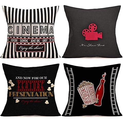 Doitely Movie Theater Decorative Throw Pillow Covers Set of 4 Cotton Linen Projector Popcorn Vintage Cinema Pillow Covers Cushion Cases for Home Sofa Car Decoration 18×18 Inches (Cinema) Cover
