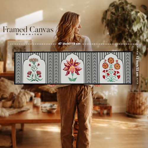 Image of Large Canvas Painting Panel Framed Wall Painting Traditional Indian Lotus Motif Framed Luxury Paintings for Home Decoration, Living room, Bedroom and Office Decor (Red, 13x47 Inch)