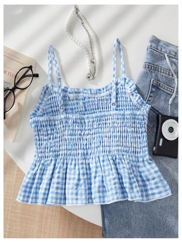 OYOANGLE Girl's Plaid Smocked Cami Top Spaghetti Strap Cute Ruffle Peplum Camisole2