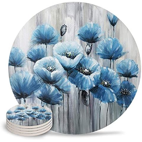 Ceramic Coaster 4-Piece Absorbent Stone Coasters with Cork Base Artistic Blue Poppy Flowers Coasters Mats for Cold Drinks Coffee Mugs Glass Cup Place Cover