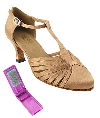 Very Fine Dance Shoes - Ladies Standard, Smooth, Waltz Ballroom Dance Shoes - 6829-2.5-inch Heel and Foldable Brush Bundle - Brown Satin - 7