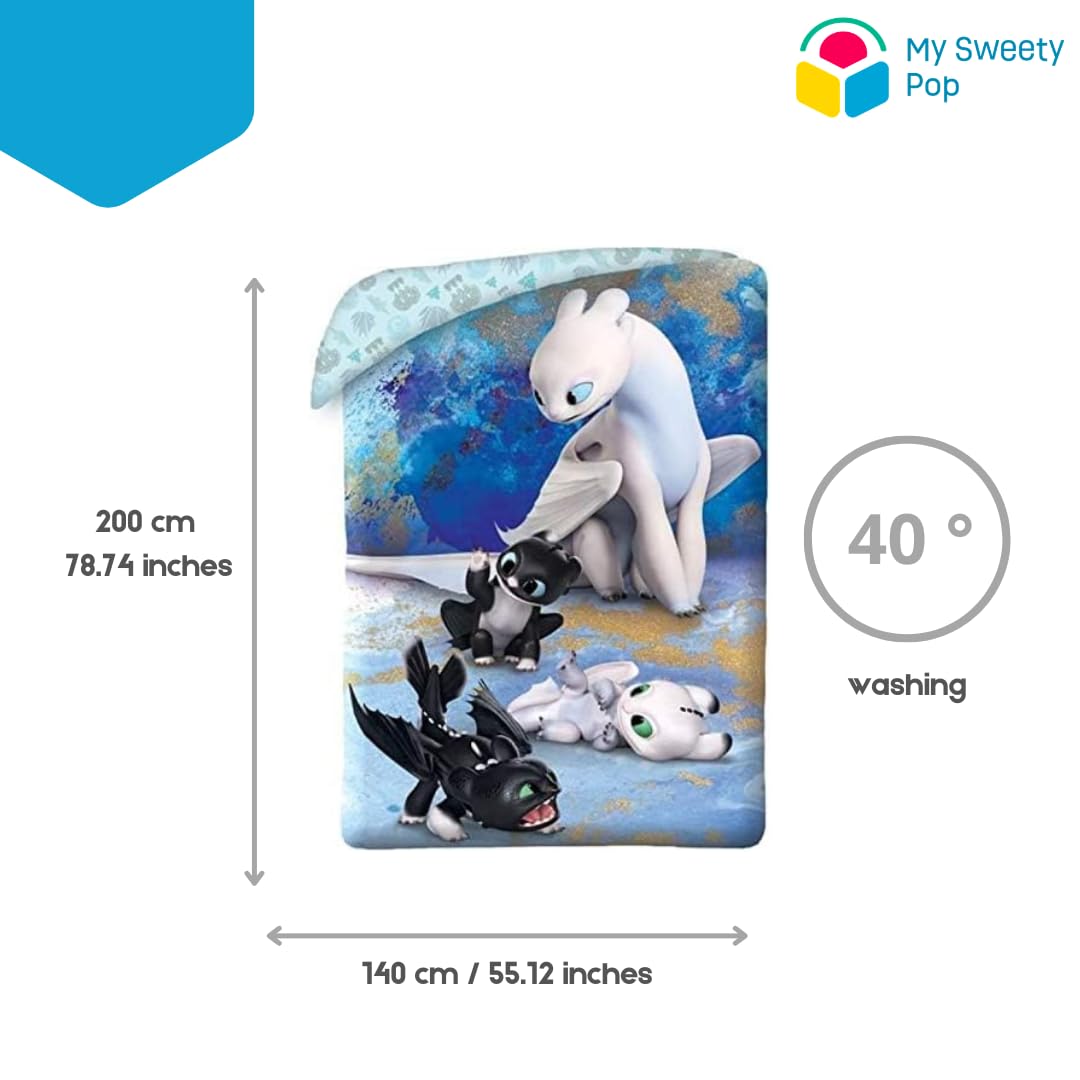 My sweety pop | Housse de Couette Dragon Dragon Puppies 140x200 cm | Parure de Lit Enfant 100% Coton | Taie d'oreiller Extra Large 70x90 cm | Linge de Lit Thème Monde Magique et Krokmou