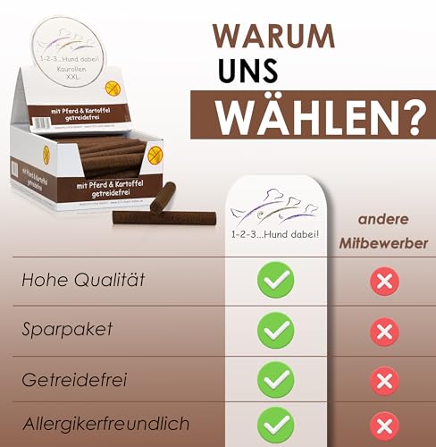 123... Hund dabei! - Kaurollen XXL 50er Tray (Pferd) - Dentalkaurolle - Getreidefrei - Vorteilspaket - Kaustangen für Hunde - Kausticks - Zahnpflege - Kaurollen für Hunde