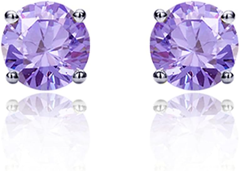 Sterling Silver 8mm Round CZ Earrings Casting Prong Setting Stud Earrings, 13 Colors