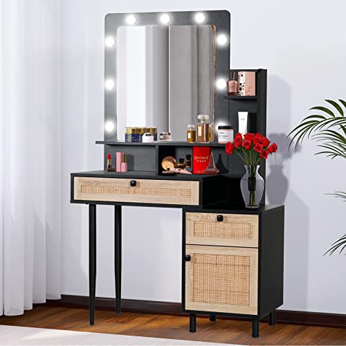 Covmax Vanity Desk With Large Lighted Mirror, Modern Makeup Dressing Table With 3 Color Lighting Modes, 2 Large Drawers For Women Girls (Rattan Vanity) #TOP6