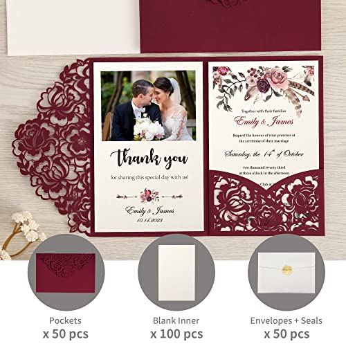 DORIS HOME 50pcs Laser Cut Wedding Invitations with Envelopes Burgundy, 4.7x7.1 Blank Invitation Cards for Wedding, Anniversary Invitations with Envelopes