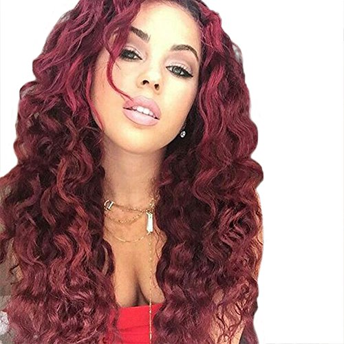 Tiny Lana Red Wigs for Women's Long Curly Wavy Wigs with Middle Part Bangs Synthetic Wig Daily Cosplay Party Natural As Real Hair 26 inches + Free Wig Cap
