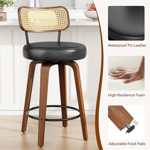 Image of YaFiti Swivel Bar Stools, 26 inch Upholstered Barstools with Rattan Backs and Wood Legs, Modern PU Leather Counter Height Bar Chairs for Kitchen Island, Black