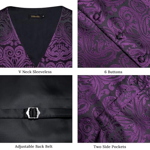 DiBanGu Mens Vest and Tie Set Formal Paisley Waistcoat and Necktie Pocket Square Cufflinks Silk Suit Vest for Tuxedo Wedding, Dark Purple, Large4