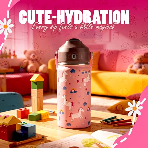 Image of Rioware Kids Insulated Stainless Steel Water Bottle 350ml | Double Wall Vacuum | 24 Hrs Cold & 12 Hrs Hot | Leakproof Flip Top with Straw | BPA-Free | School Bottle with Carry Loop (350 Ml, Pink)