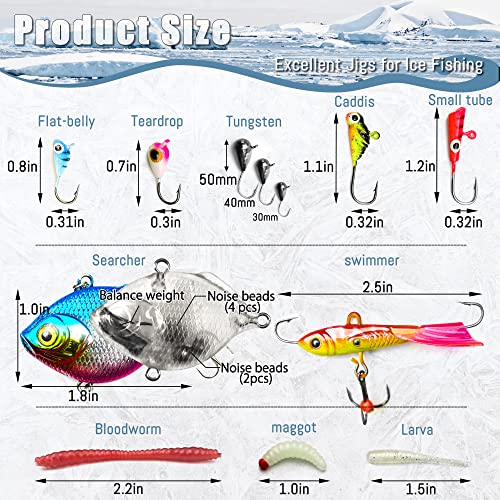 Vmsixvm Ice Fishing Jigs Tungsten Kit 67/87Pcs Glow Ice Fishing Lures Jig Heads Set With Lipless Crankbait Soft Plastic Worm Maggot In Tackle Box Micro Ice Fishing Gear For Winter Jig Crappie Walleye #TOP3