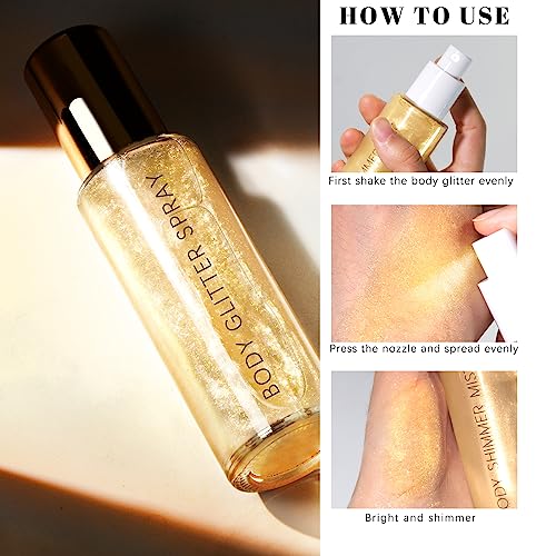 Hosaily Body Glitter Spray, Moisturizing Bronze Body Shimmer Luminizer Glow Illuminator Quick-Drying And Non-Sticky Glitter Spray Liquid Highlighter Spray For Face Hair Body Glitter, 60Ml -Gold thumb #2