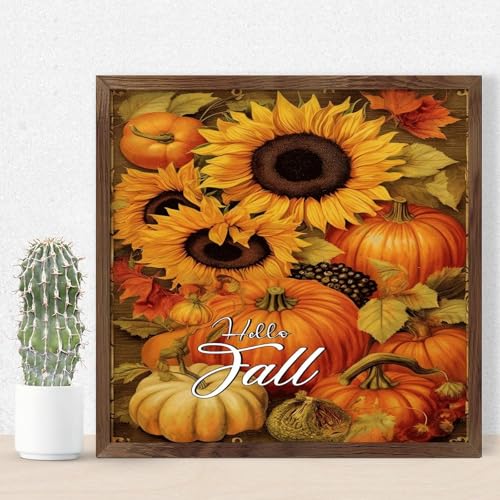 Plaque murale en bois rustique Hello Fall tableau citrouille et tournesols pour maison 30cm