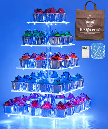 Jusalpha 5 Tier Square Cupcake Stand with Blue Light- Cake Holder for Party