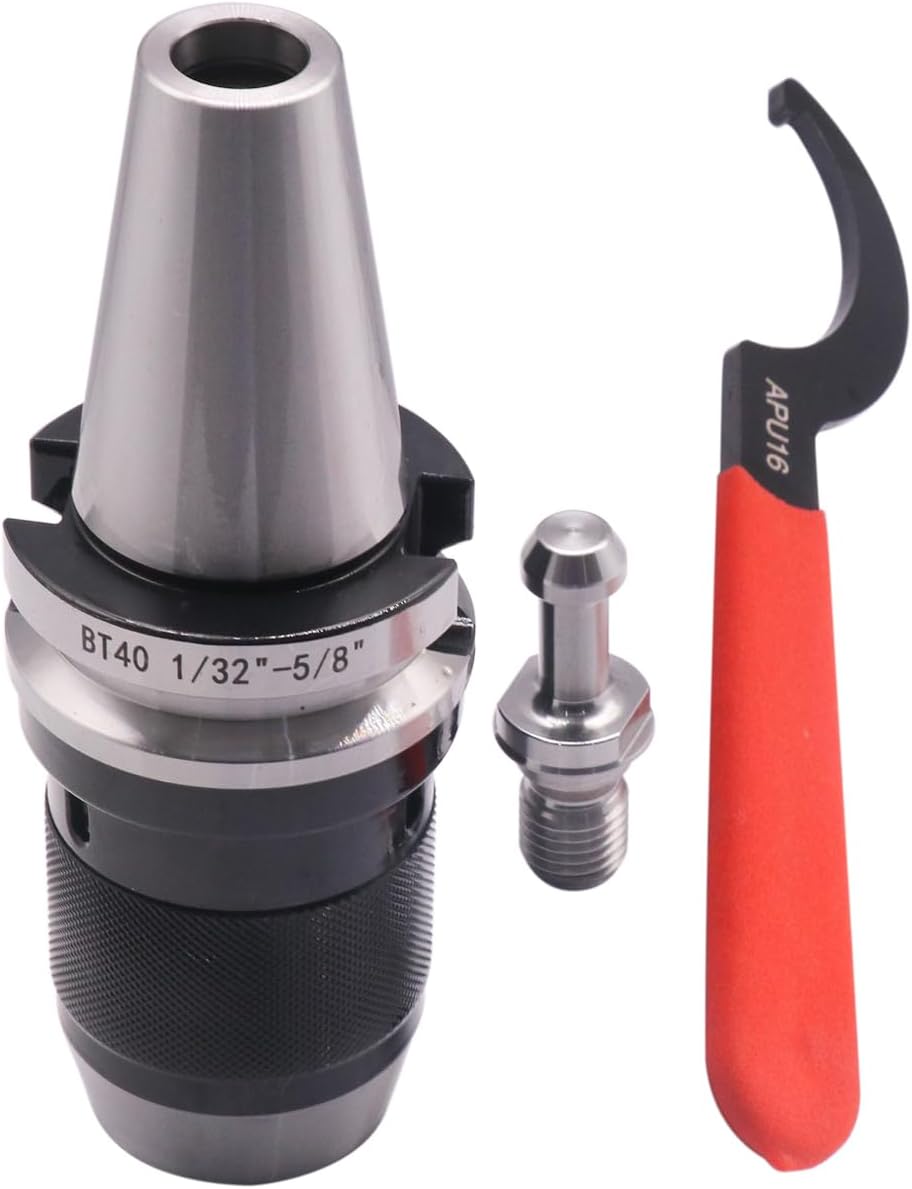 BestParts 1/32" - 5/8" Integrated Self-Tightening Keyless Drill Chuck Tool Holder with BT40 Integral Shank, included 1pc Spanner Wrench APU16 and 1pc BT40 Pull Stud, Workholding For CNC Milling Lathe