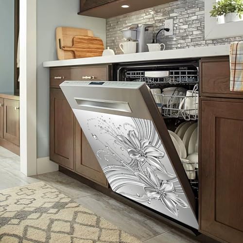 Image of Silver Floral Dishwasher Magnet Cover for Washers Fridge Cover Panel Decal Home Kitchen Decor,Washing Machine Cabinet Reusable Dishwasher Covers,26 x 23 inch