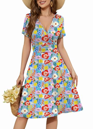 WEACZZY Summer Dress Women Short Sleeve Casual Dress V-Neck Party Floral Dress for Women with Pockets