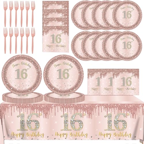16th Birthday Decorations for Girls 61Pcs Rose Gold Sweet 16 Plates and Napkins Tablecloth Forks Happy 16th Birthday Plates for Sweet 16 Birthday Decorations Tableware Serves 20