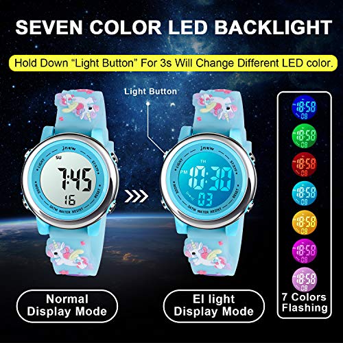 Kids Watch 3D Cartoon Toddler Wrist Digital Watch Waterproof 7 Color Lights with Alarm Stopwatch for 3-10 Year Boys Girls Little Child (Unicorn Blue)4