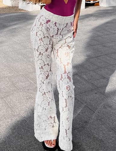 Perbai Women's Y2K Lace Bell Pants Crochet See Through Flare Leggings Floral Embroidered Mesh Beach Trousers4