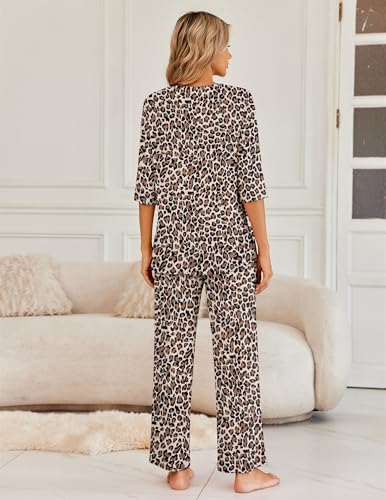 Ekouaer Womens Lounge Sets 2 Piece Pajamas Sets 3/4 Sleeve Tops and Long Pants Soft Pjs Loungewear with Pockets2