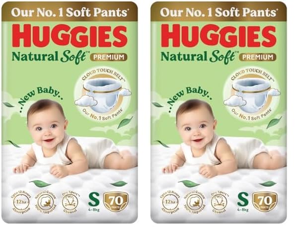 Image of Huggies Natural Soft Premium Baby Diaper Pants, Our No.1 Soft Pants, Small (S) Size (4-8 Kgs), Pack of 140 diapers | Cloud Softness All over with India's 1st Cloud Touch Belt