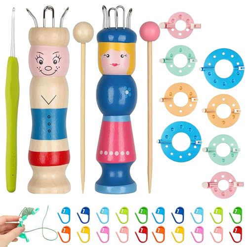 Hutglcfpy 2 Stück Holz Strickliesel Set Handkurbel-Strickset mit Pompon-Machern Häkelnadel und Maschenmarkierern Stricken für Anfänger Set Ideal zum Stricken mit Wolle und DIY-Handarbeiten