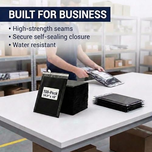Image of BOX USA Shipping Bags 14 x 19 (100-Pack) Black - Large Heavy Duty Self-Adhesive Envelope Poly Mailers for Packing