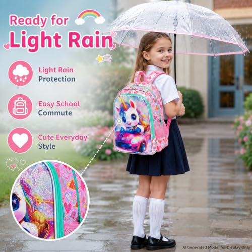 Image of HPJGD 3PCS Girls Unicorn Bookbag Set, Kids Sports Car Backpack Set for Girls with Lunch Box, Cute Water Resistant Elementary School Bag for Preschool Toddler - Pink Unicorn Sports Car