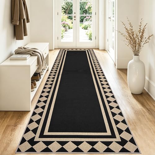 NeEnjoyko Alfombra moderna de yute fácil de diamante, lavable para sala de estar, patio, color negro, para interiores y exteriores, alfombra antideslizante para oficina, caravana, patio trasero, 80 x