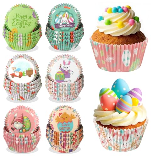 Kalolary - Juego de 300 forros para cupcakes de Pascua, 6 estilos, tazas de papel para hornear, conejo, pollito, huevo, magdalenas, gnomo, conejo, zanahoria, Pascua, envoltorios para hornear