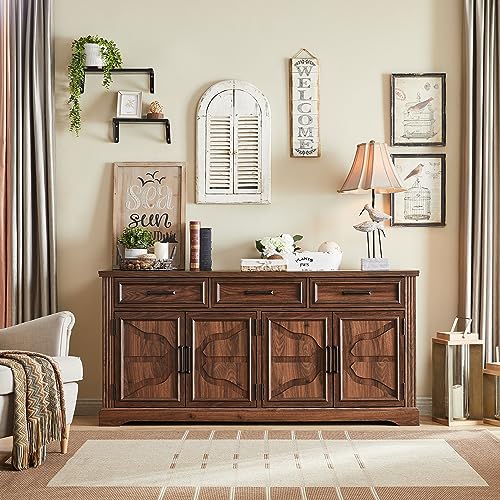 Image of JXQTLINGMU 66 inch Farmhouse Buffet Cabinet with Storage, Sideboard Credenza, Carved Cloud-Inspired Doors, 3 Drawers & Adjustable Shelves, Coffee Bar Cabinet, Dark Brown